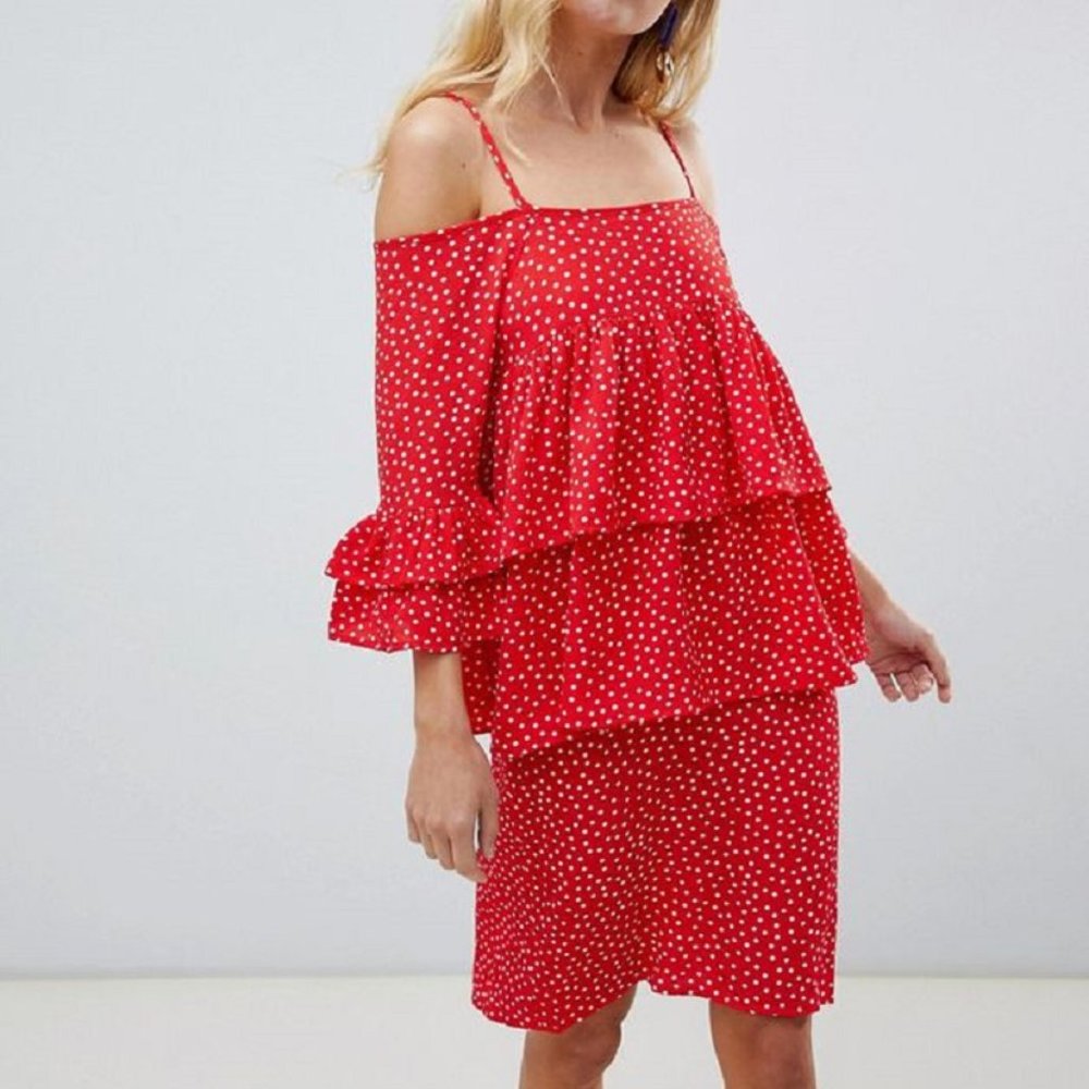 NWT Red Polka Dot Cold Shoulder Tiered Dress